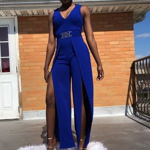 Royal Blue Deep V Belted Romper with Slits